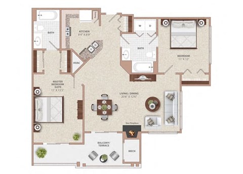 Floor plan for 2 beds, 2 baths, 1030 sqft